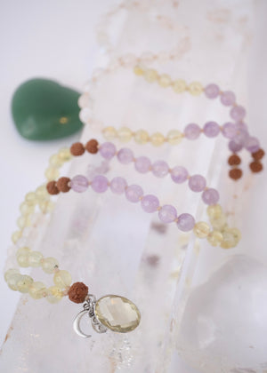 JOY Mala | Lemon & Lavender Quartz, Moonstone & Rudraksha