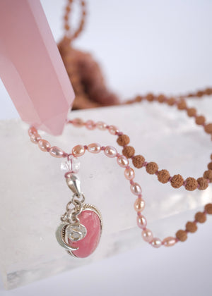 Madhurya mala with deep pink rhodochrosite pendant, small Rudraksha and pink Akoya pearls