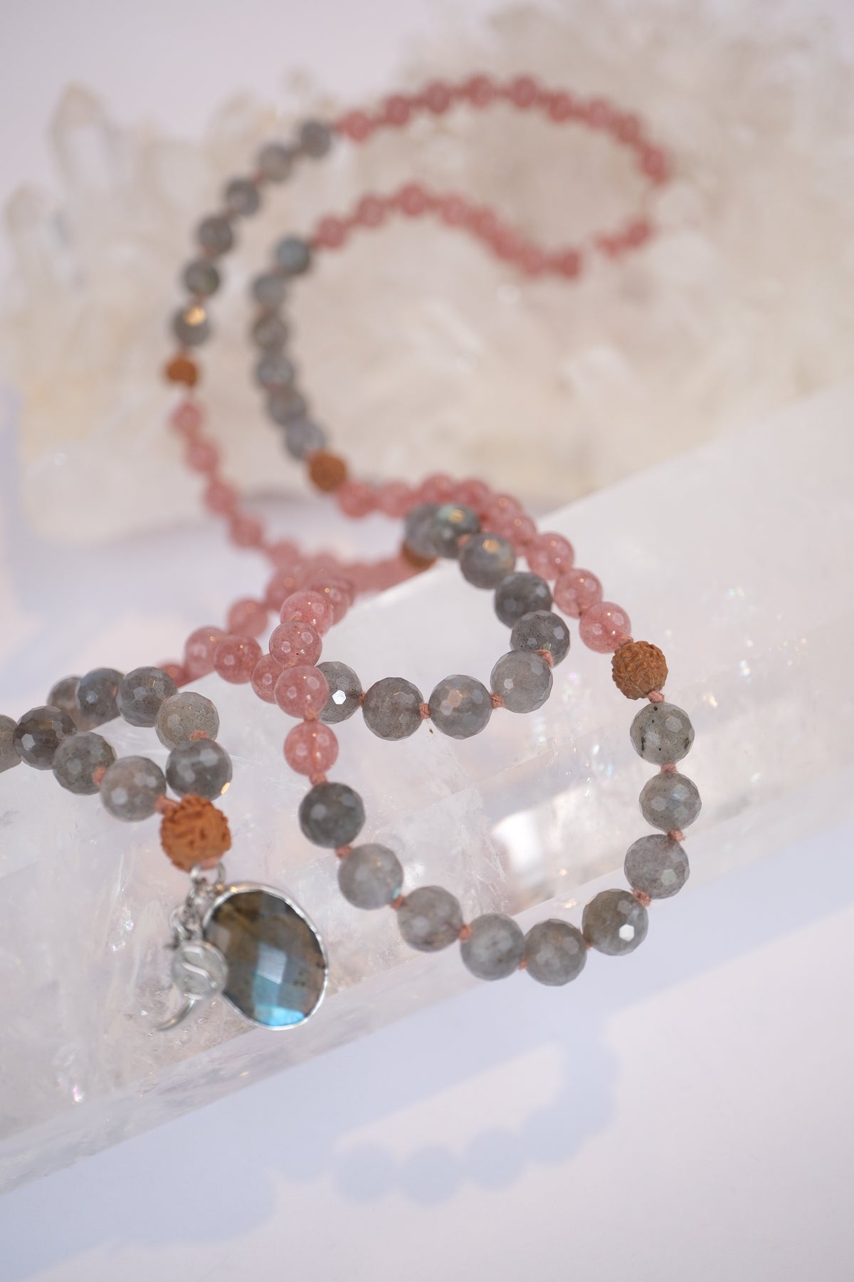 RISHI The Wise Ones Mala | Rare Strawberry Quartz, Labradorite & Rudraksha