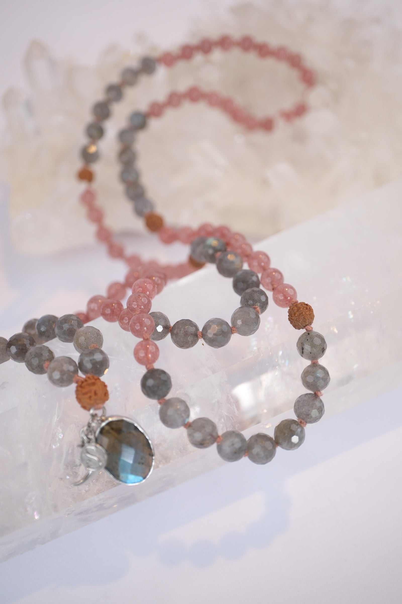 RISHI Wisdom Keepers Mala | Rare Strawberry Quartz, Labradorite & Rudraksha