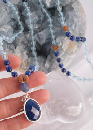 Archangel Raphael 'The Mala of Truth and Radiant Expression' | Topaz, Lapis Lazuli, Iolite, Rudraksha