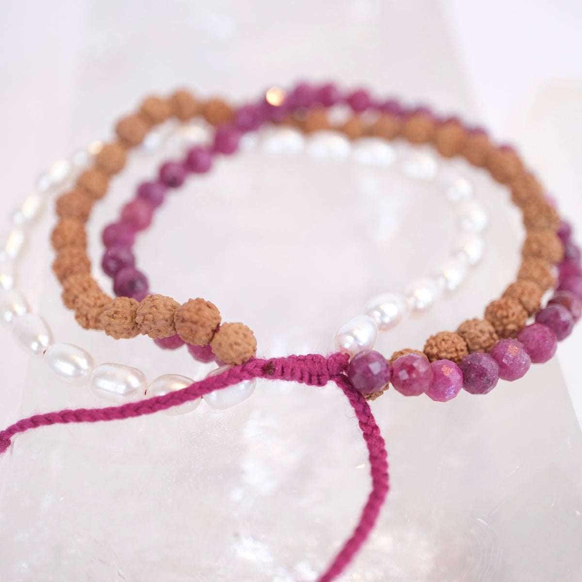 AWAKENED Three tier bracelet stack | Ruby, Pearl, Rudraksha