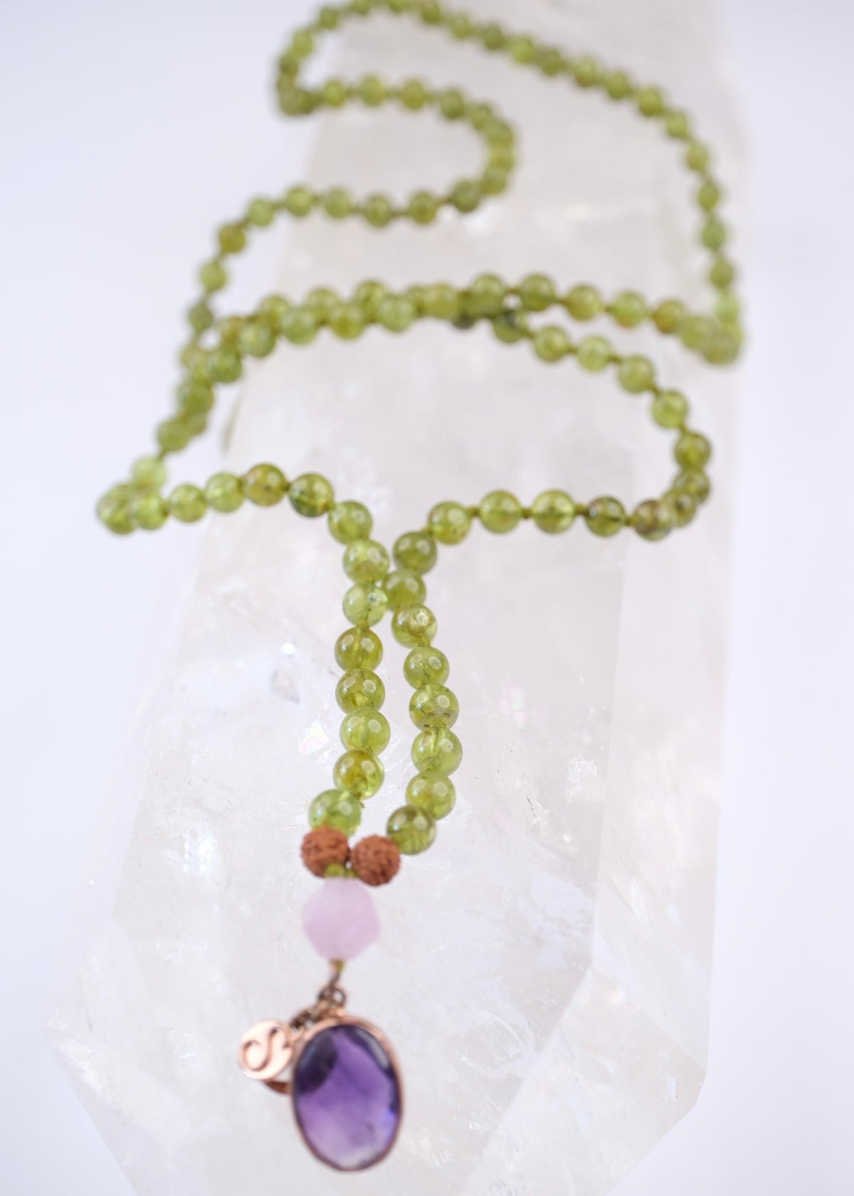 BHUVANESHWARI Protection, Preservation, Deliverance Mala | Peridot, Herkimer Amethyst, Amethyst Pendant