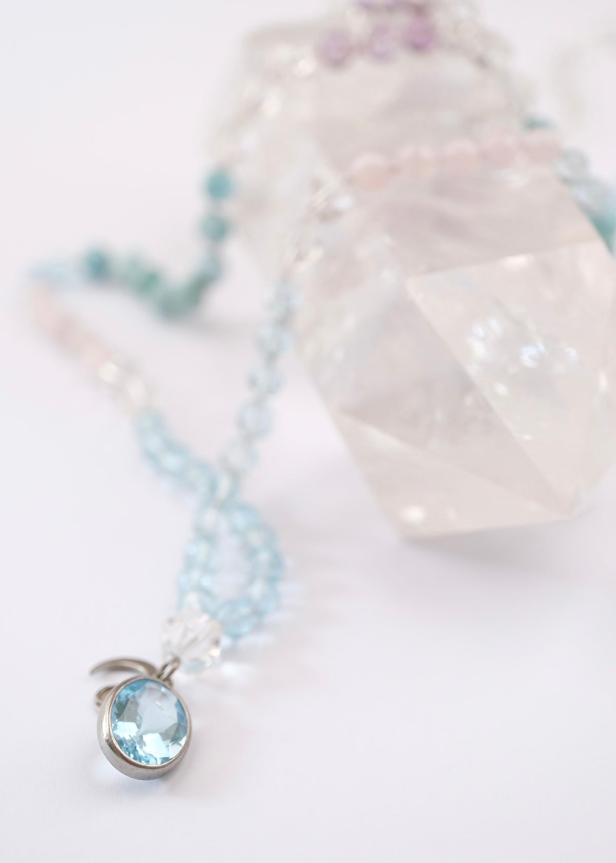 PEACE Shanti Mala | Topaz beads and pendant with Larimar, Herkimer, Kunzite &amp; Lavender Quartz