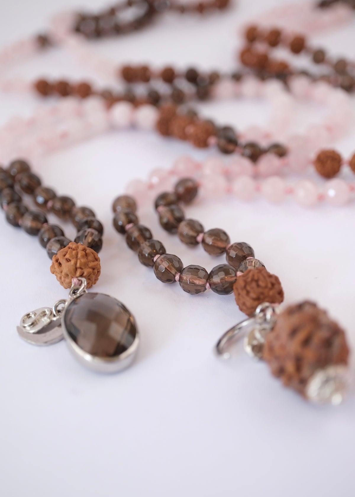 ShivShakti Mala | 2 Mukhi Rudraksha or Smoky Quartz pendant Rose &amp; Smoky Quartz