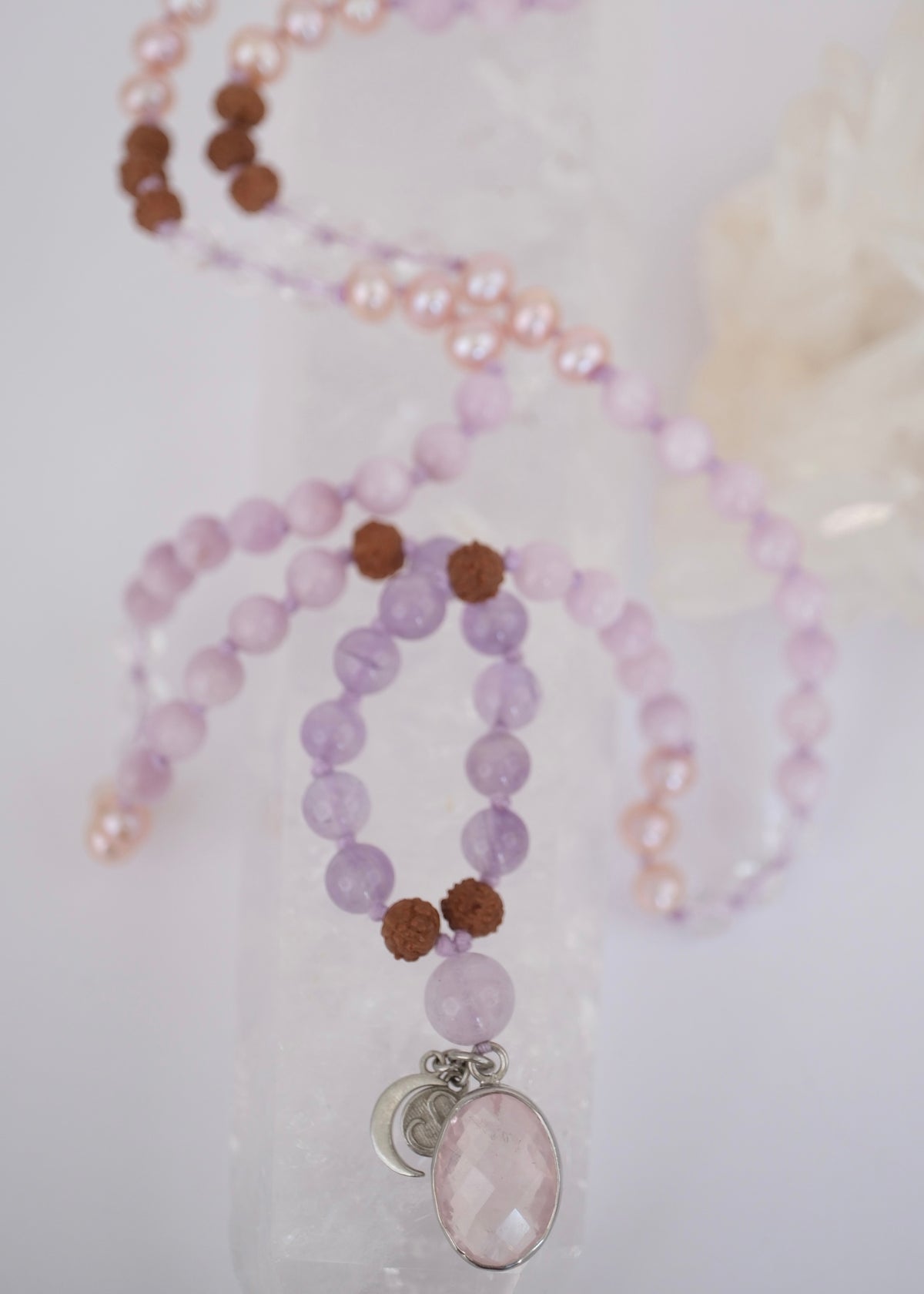 FULL MOON Mala | Pink Akoya Pearl, Kunzite, Lavender Amethyst, Rose Quartz Pendant & Rudraksha