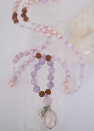 FULL MOON Mala | Pink Akoya Pearl, Kunzite, Lavender Amethyst, Rose Quartz Pendant & Rudraksha
