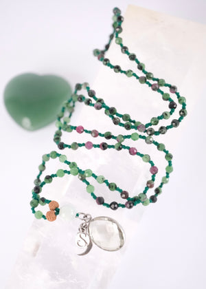 green ruby zoisite mala with green quartz and jade