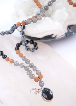 BABAJI Revered Mala | Labradorite, snow flake Jasper, Onyx & Rudraksha