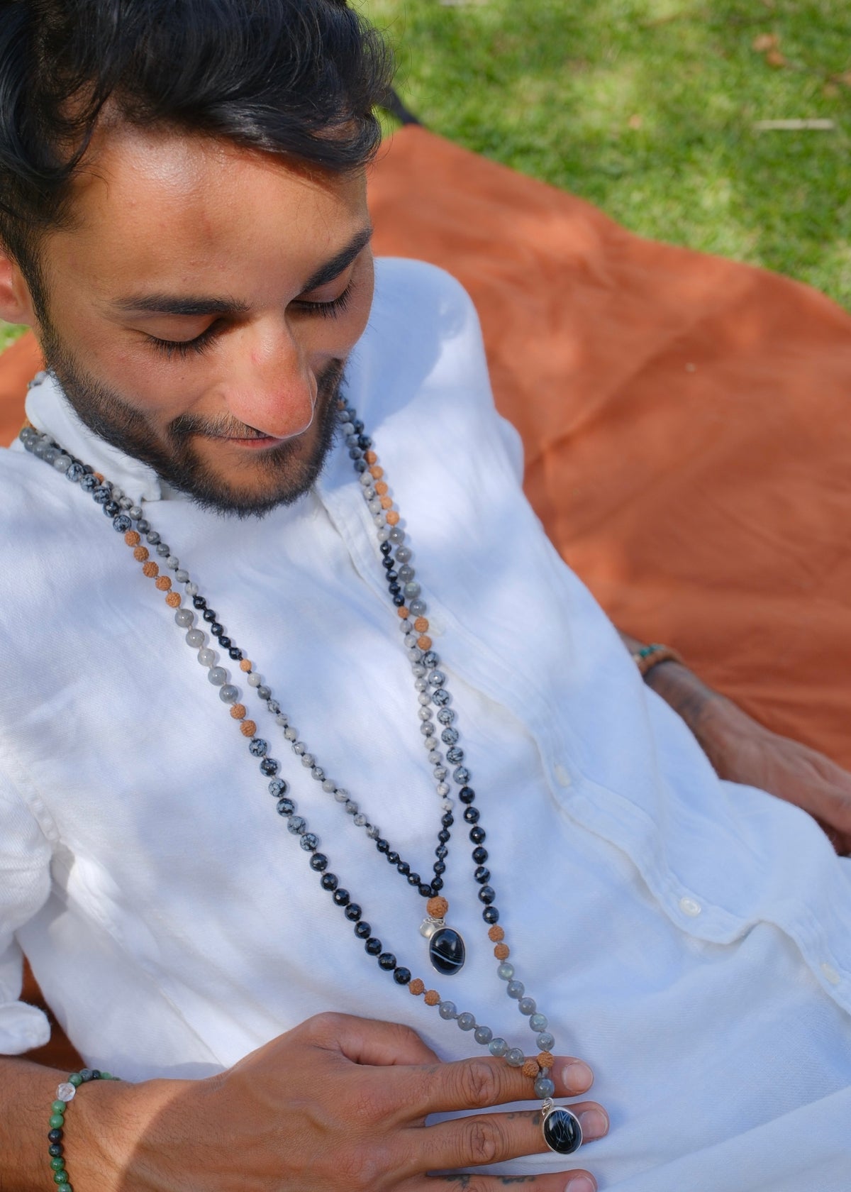 BABA Revered Mala | Labradorite, snow flake Jasper, Onyx & Rudraksha