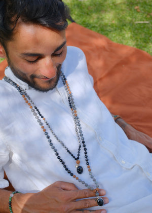 BABA Revered Mala | Labradorite, snow flake Jasper, Onyx & Rudraksha