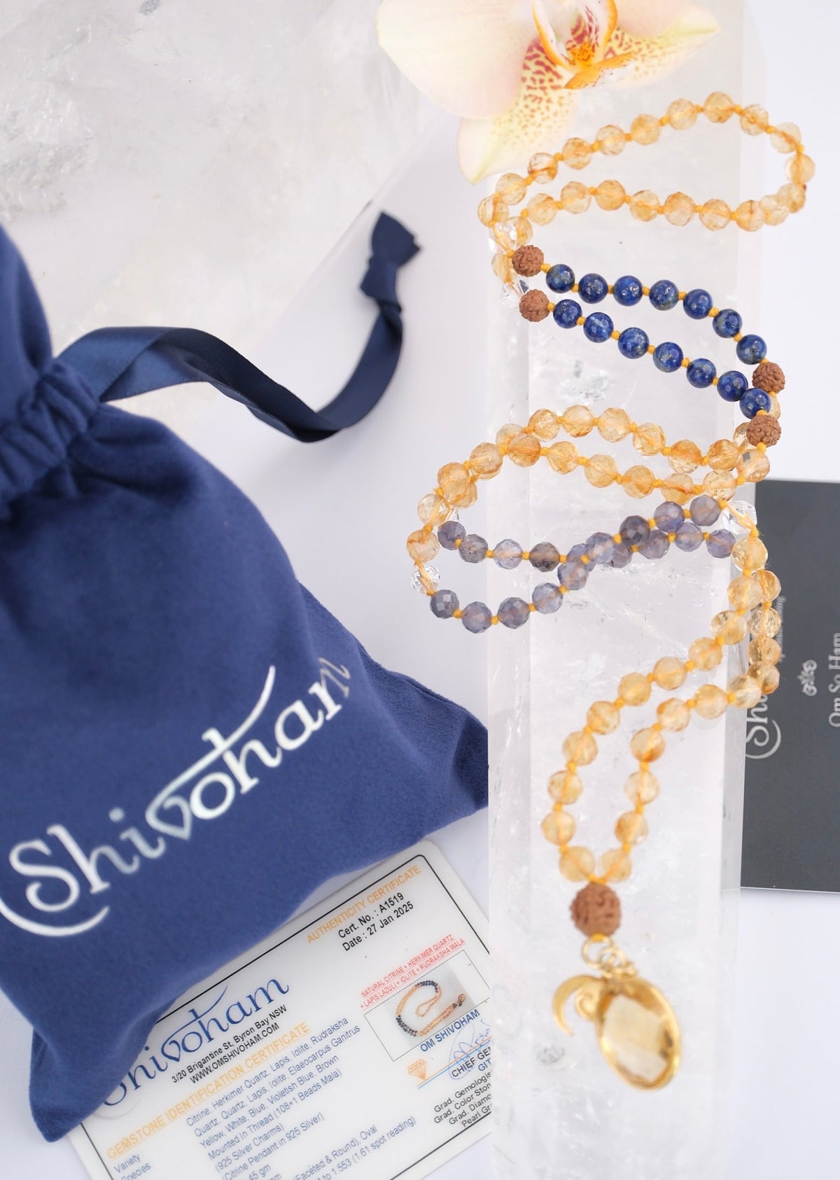 KARMA SIDDHI Success &amp; The Accomplishment of Purposeful Action Mala | Citrine, Iolite, Lapis, Herkimer, Rudraksha