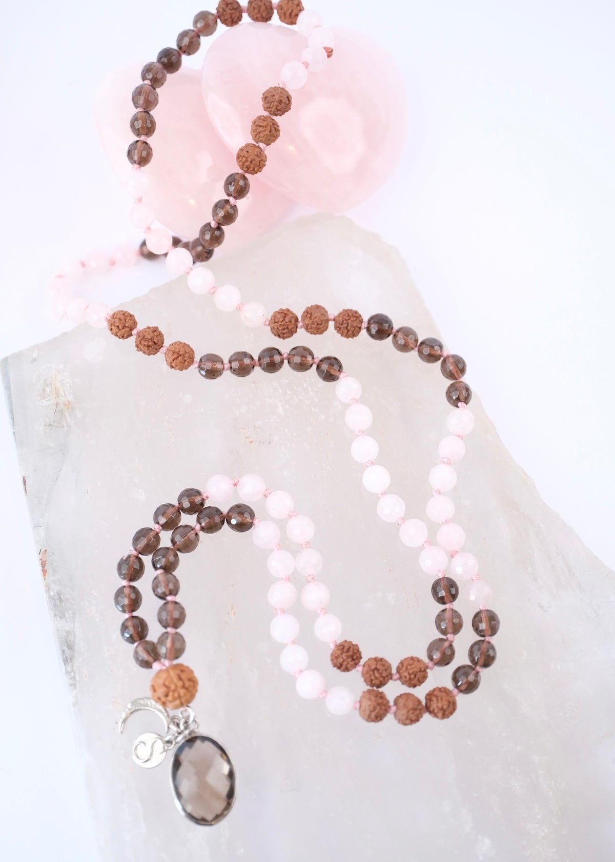 ShivShakti Mala | 2 Mukhi Rudraksha or Smoky Quartz pendant Rose &amp; Smoky Quartz