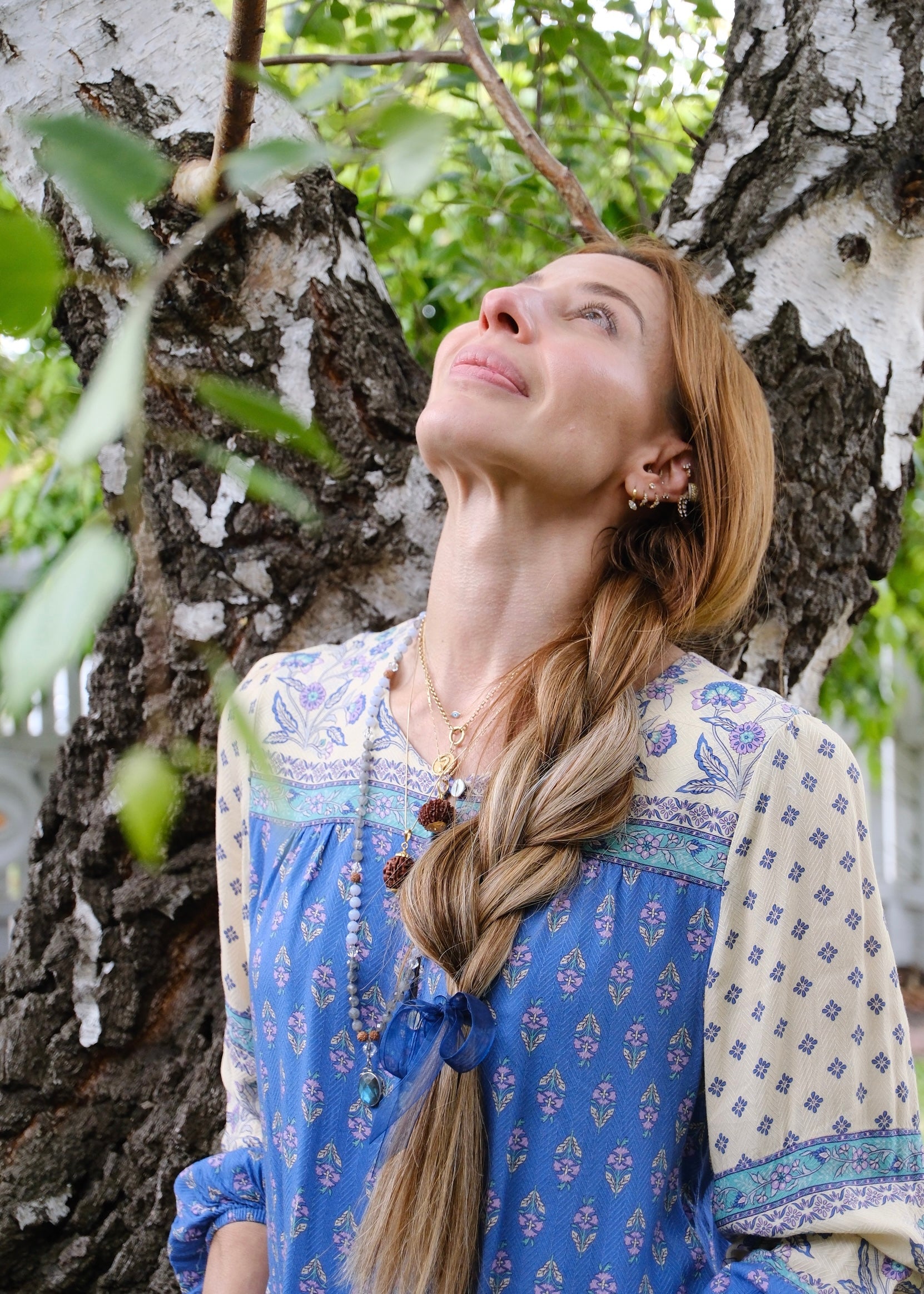 Woman wearing Shivoham Rudraksha mala beads and crystal jewellery, Melbourne Australia