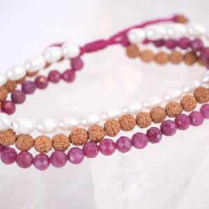 AWAKENED Three tier bracelet stack | Ruby, Pearl, Rudraksha