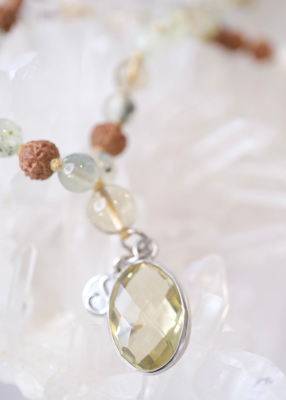 VIMANA The Traveller Insight Mala  | Prehnite, Lemon Quartz, Mother of Pearls Insight Mala