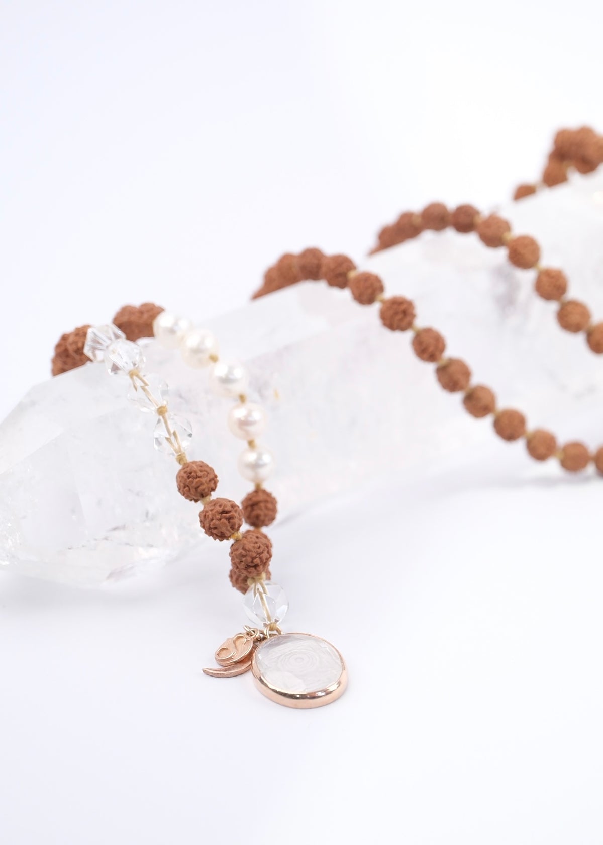 DEVI of HIMALAYA | Rudraksha with Sri Yantra Pendant, Pearl &amp; Herkimer Quartz Diamond | For the Ultimate Spiritual Tool