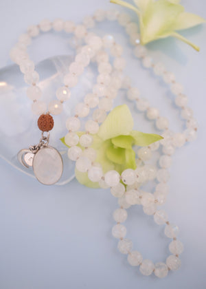 Moonstone Mala Necklace with 108 moonstone beads and faceted moonstone pendant