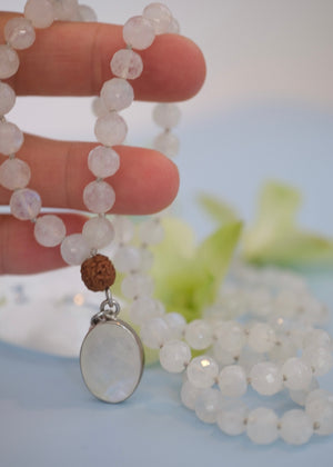 Moonstone Mala Necklace with 108 moonstone beads and faceted moonstone pendant