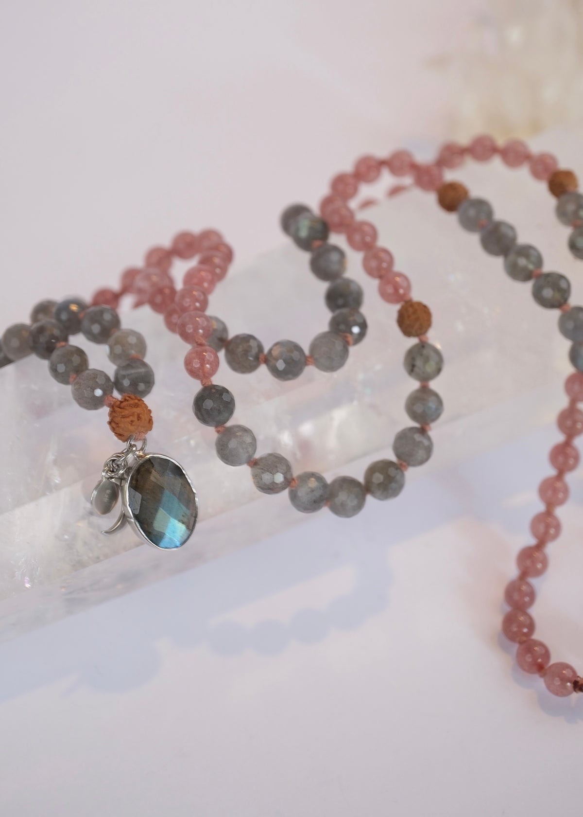 RISHI The Wise Ones Mala | Rare Strawberry Quartz, Labradorite & Rudraksha