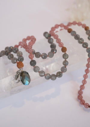 RISHI The Wise Ones Mala | Rare Strawberry Quartz, Labradorite & Rudraksha