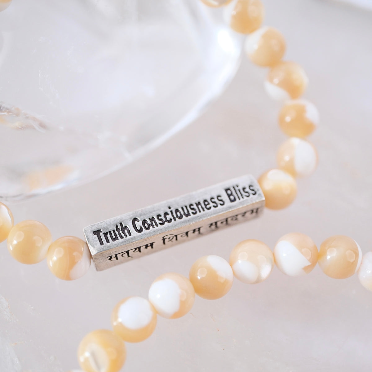 DIVINE GRACE Honey Mother of Pearl bracelet | Om Namaha Shivaya Silver bar