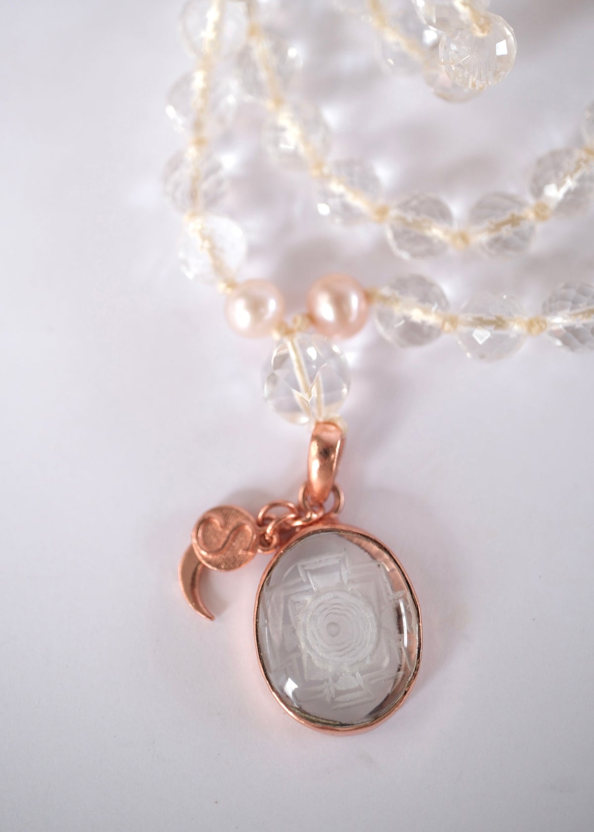 SHAKTI ‘The Mala of Pure Energy & Light’ | Himalayan Clear Quartz, Sri Yantra, Pink Pearls
