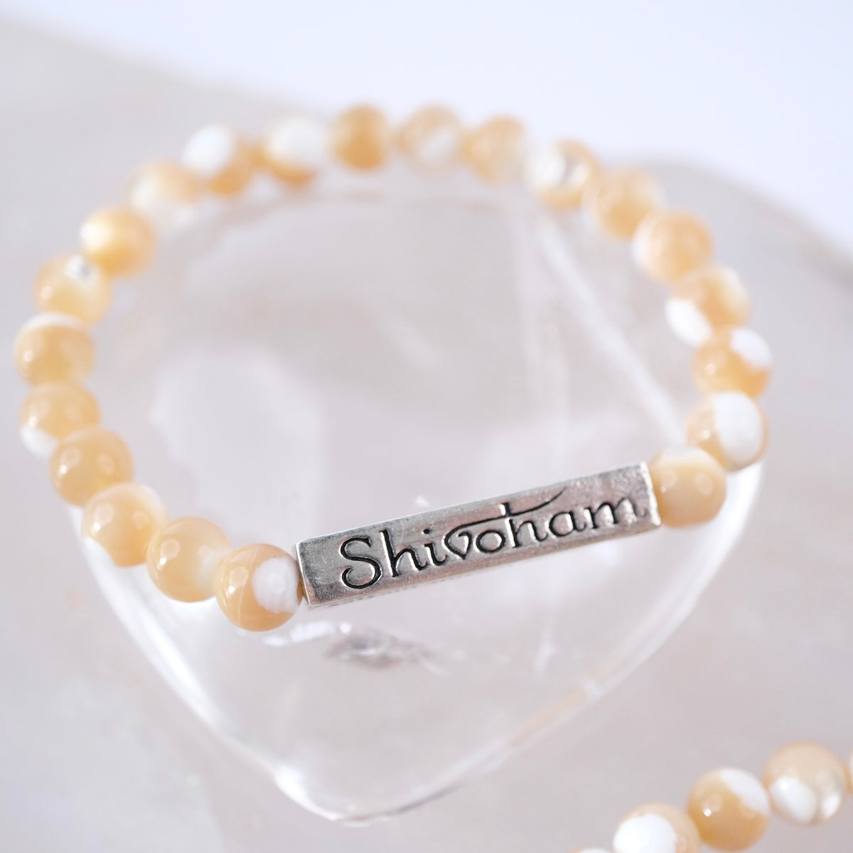DIVINE GRACE Honey Mother of Pearl bracelet | Om Namaha Shivaya Silver bar