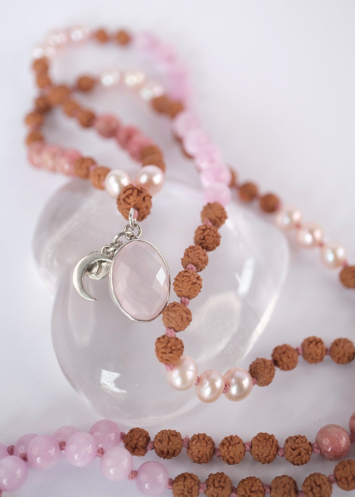 PARVATI ‘The Divine Feminine Mala’ | Pink Pearl, Kunzite, Thulite, Rose Quartz, Rudraksha