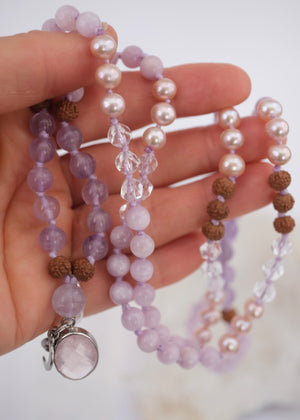 FULL MOON Mala | Pink Akoya Pearl, Kunzite, Lavender Amethyst, Rose Quartz Pendant & Rudraksha