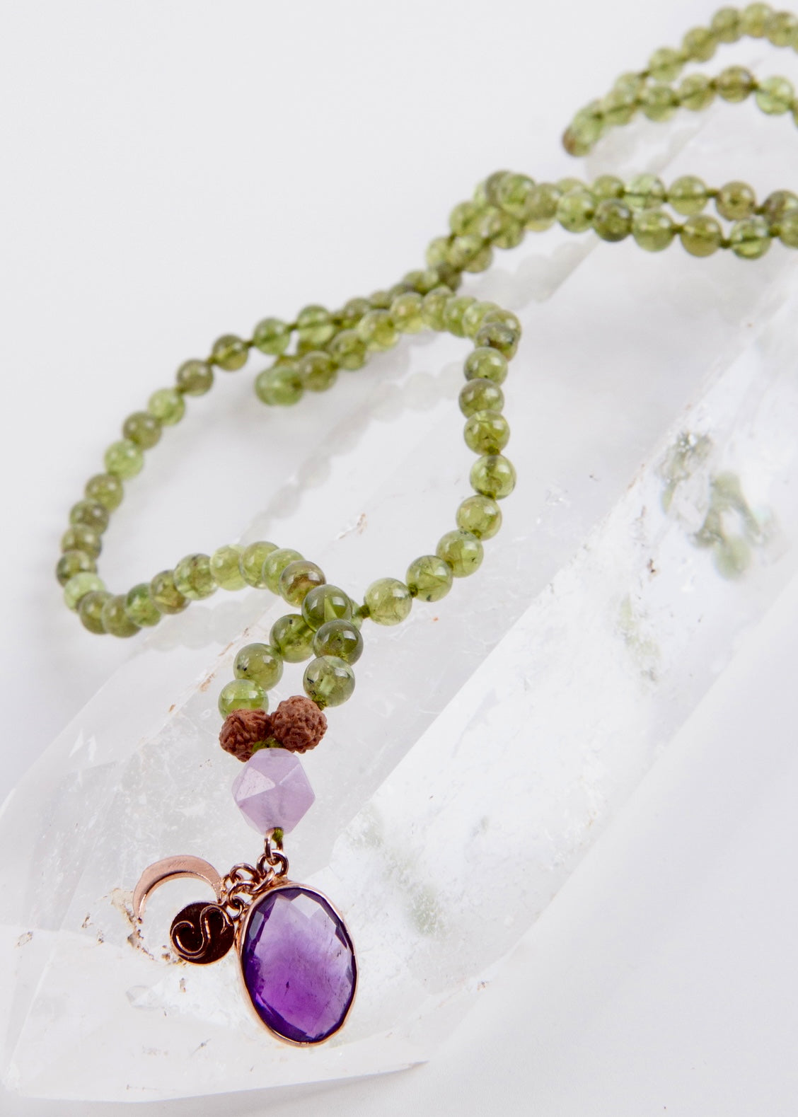 BHUVANESHWARI Protection, Preservation, Deliverance Mala | Peridot, Herkimer Amethyst, Amethyst Pendant