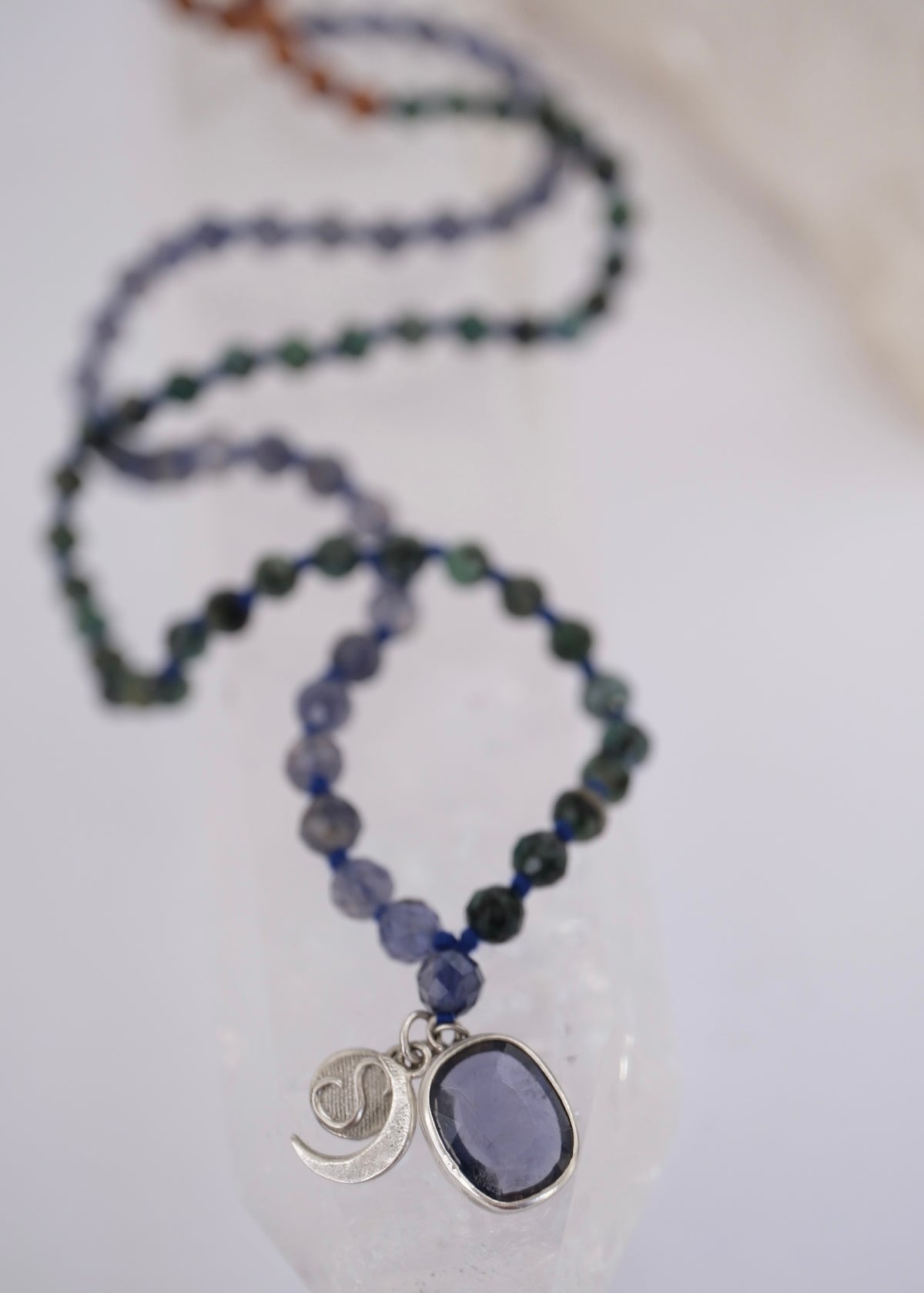 DEVAKA Divine, Celestial Mala | Emerald, Iolite & Rudraksha