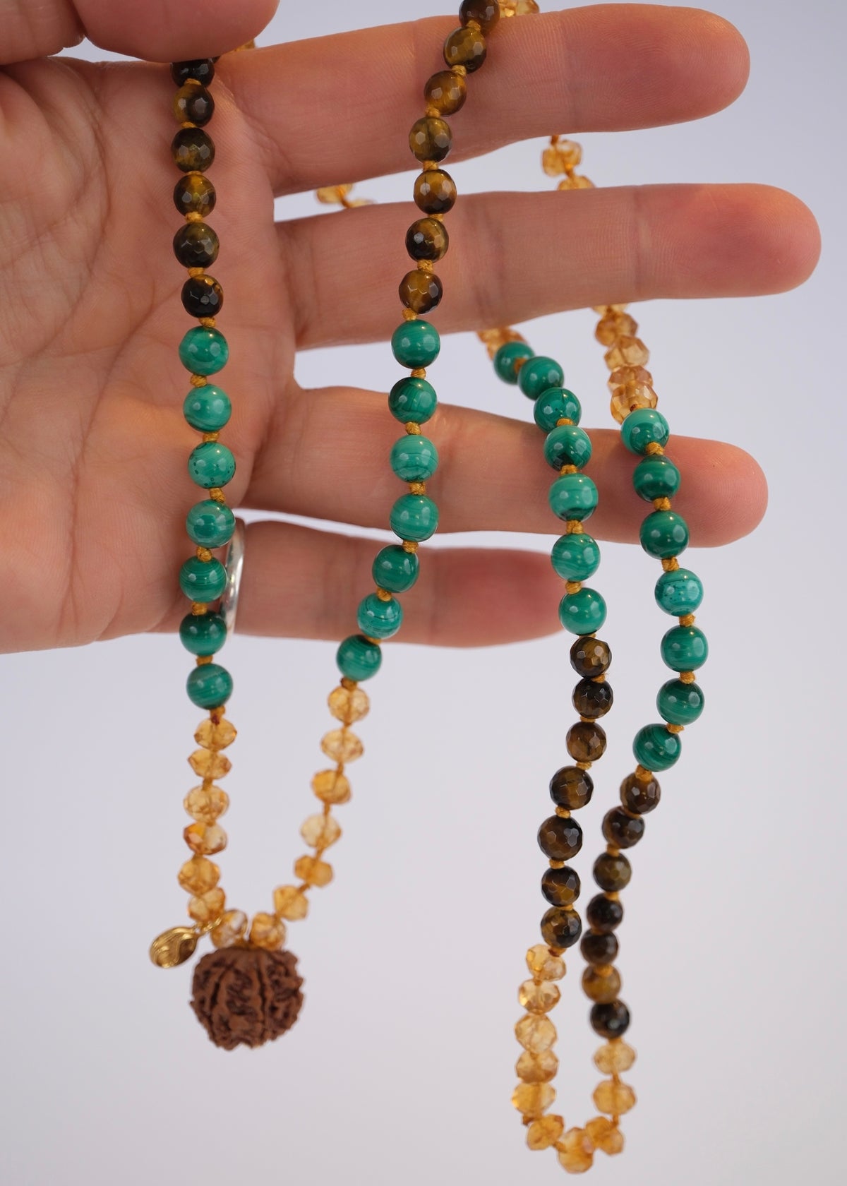 Abundance Mala | 7 Mukhi Rudraksha, rare hand cut finest Citrine, Malachite, Tigers Eye
