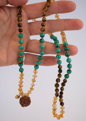 Abundance Mala | 7 Mukhi Rudraksha, rare hand cut finest Citrine, Malachite, Tigers Eye