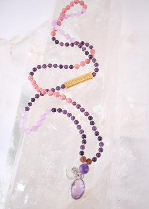 GURU MA Women Leaders Mala | Lepidolite, Thulite, Lavender Amethyst, Rose Quartz or Amethyst. Mantra bar.