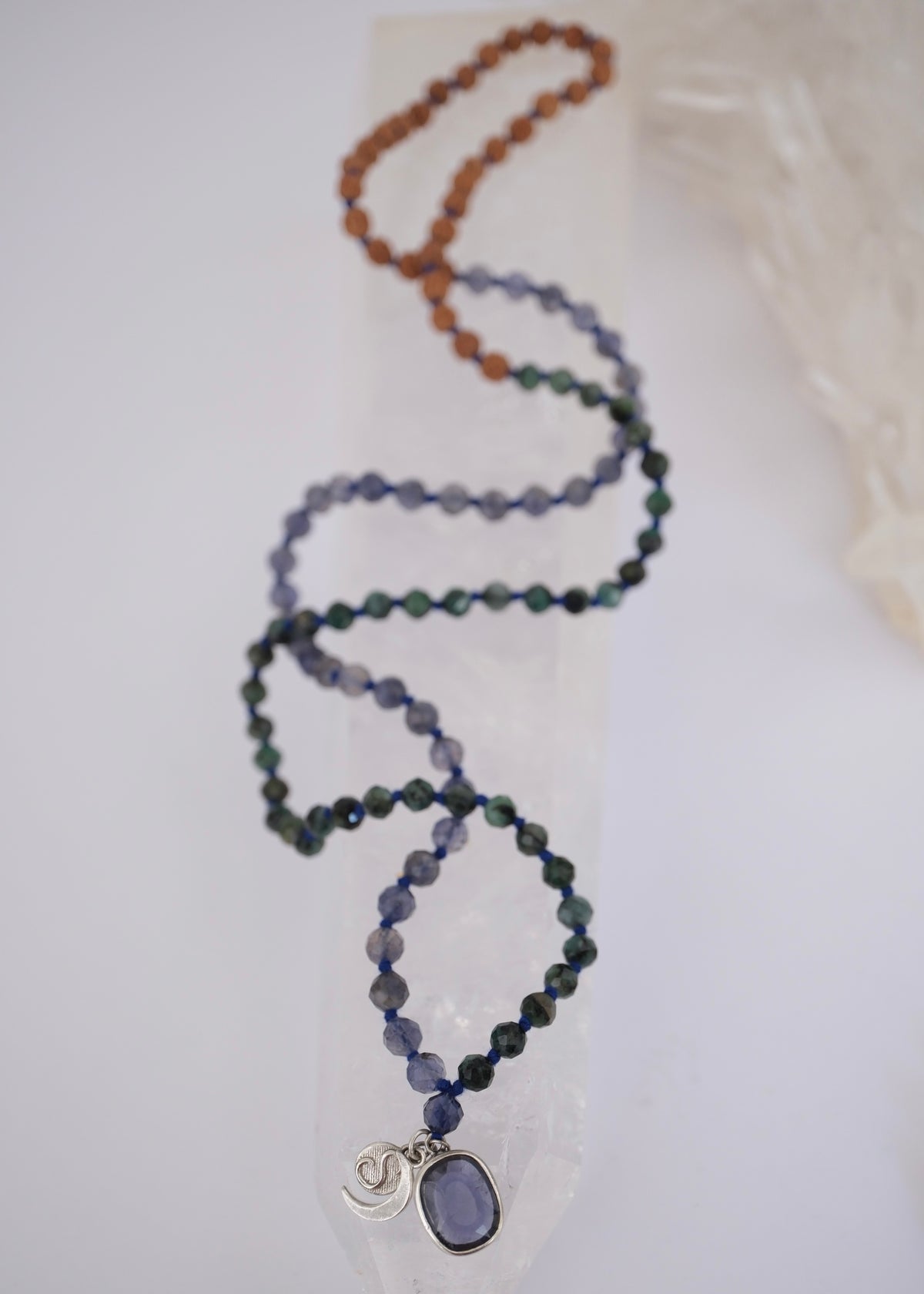 DEVAKA Divine, Celestial Mala | Emerald, Iolite & Rudraksha