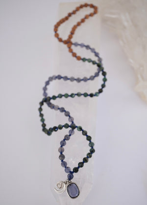DEVAKA Divine, Celestial Mala | Emerald, Iolite & Rudraksha