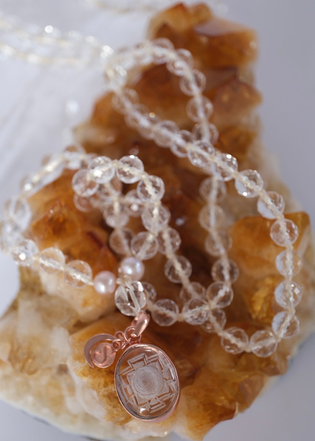 SHAKTI ‘The Mala of Pure Energy & Light’ | Himalayan Clear Quartz, Sri Yantra, Pink Pearls
