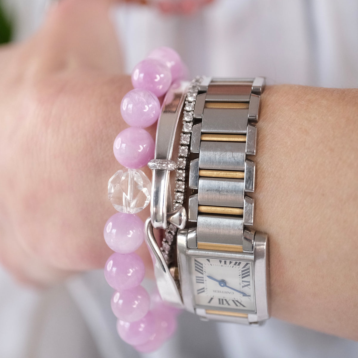 Pink kunzite crystal bracelet for the heart chakra, worn at the wrist as a daily blessing of love.
