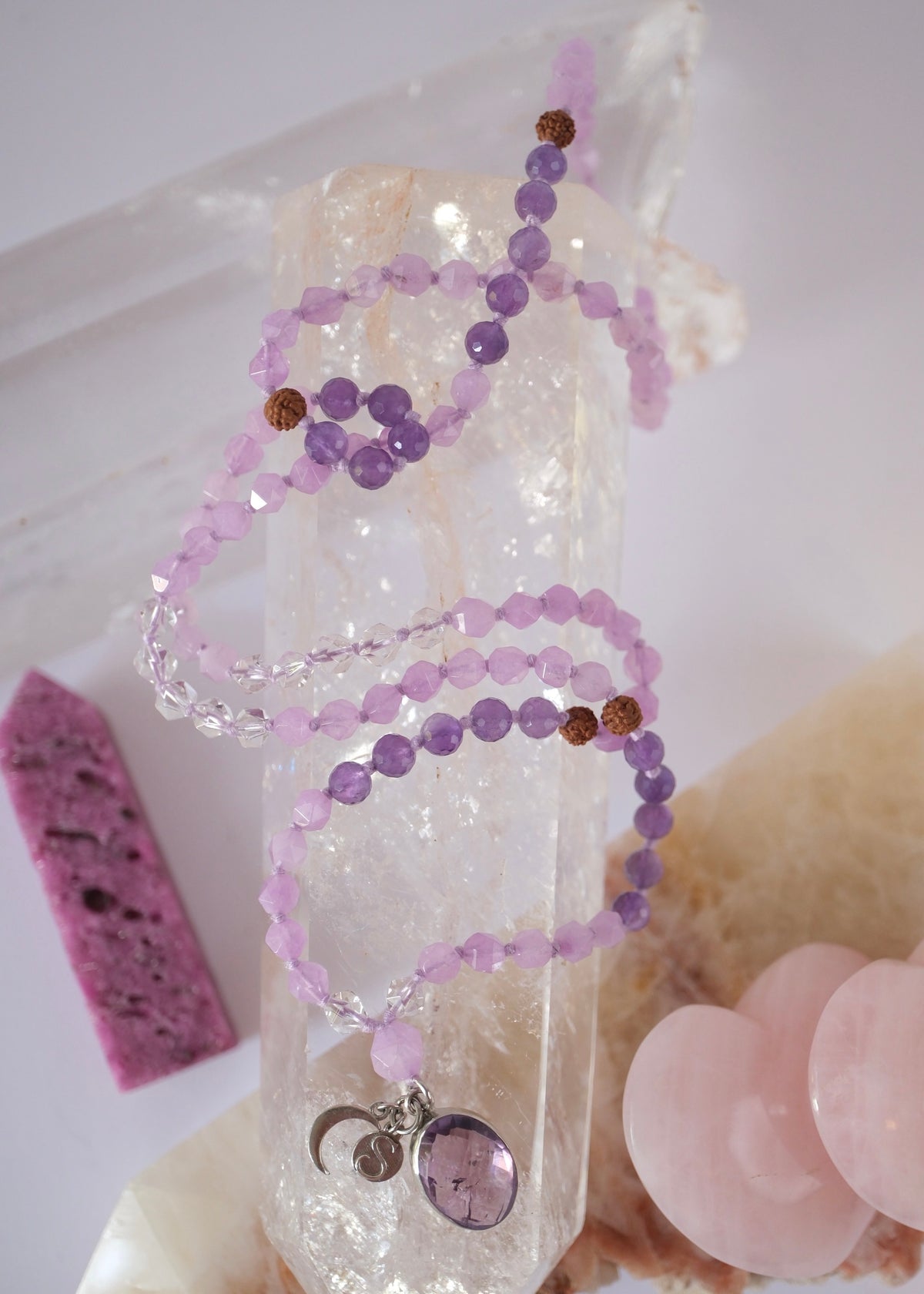  Lavender Amethyst Herkimer Quartz Mala