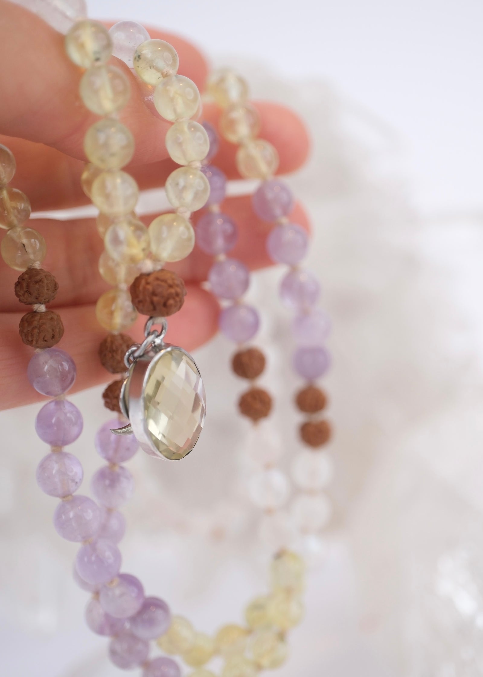 JOY Mala | Lemon & Lavender Quartz, Moonstone & Rudraksha