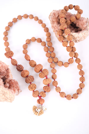 Rare Indonesian Siddha Mala Rudraksha strung as 81 beads with a Gauri Shankar guru bead and Ek Mukhi Om pendant, blessed by Ma Ganga.