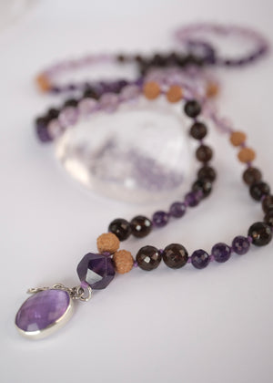 Vira Sadhaka 'Sacred Rebirth for the Spiritual Warrior' Mala | Amethyst, Smoky & Lavender Quartz, Rudraksha