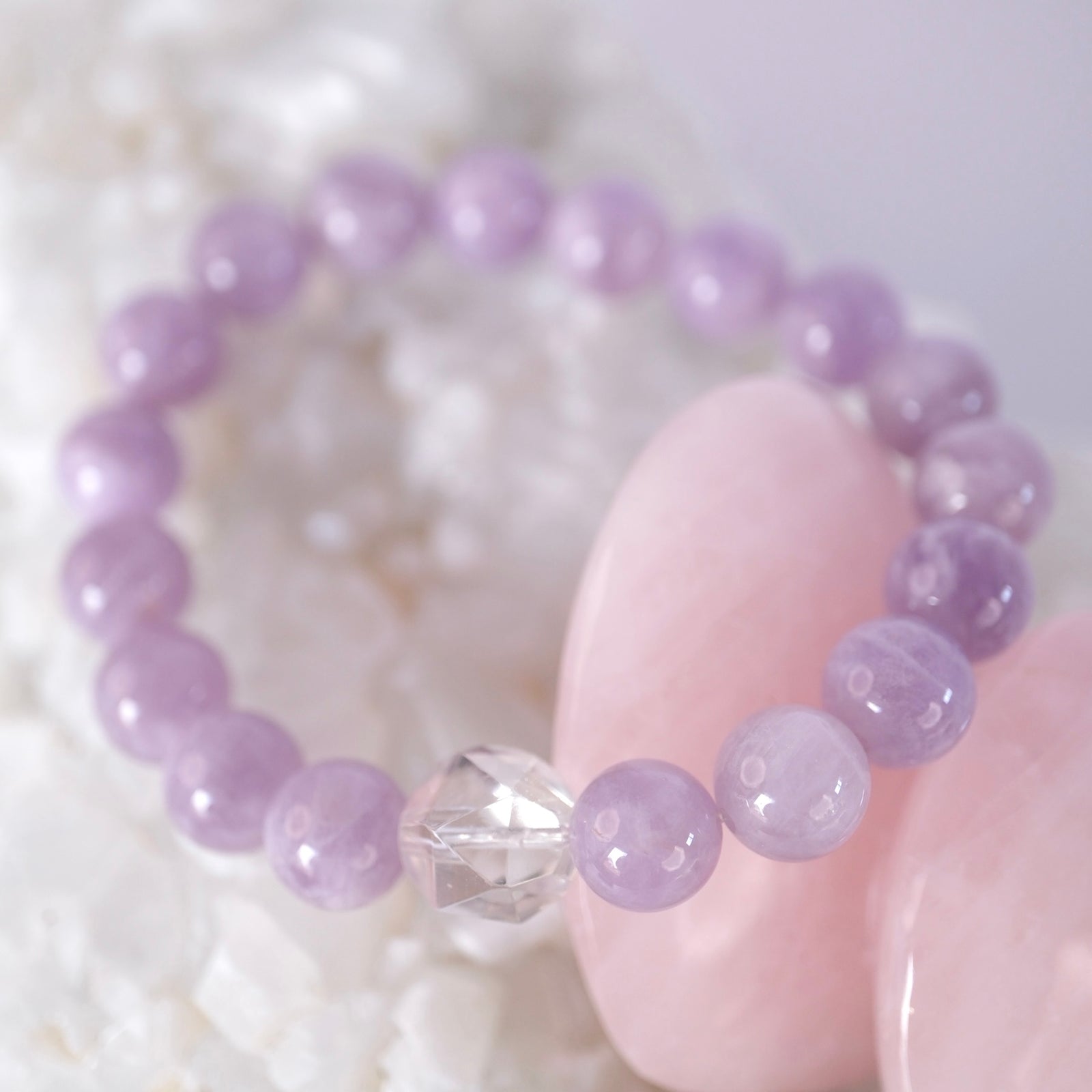 Lilac lavender quartz and Herkimer diamond bracelet, handcrafted and blessed by Ma Ganga.