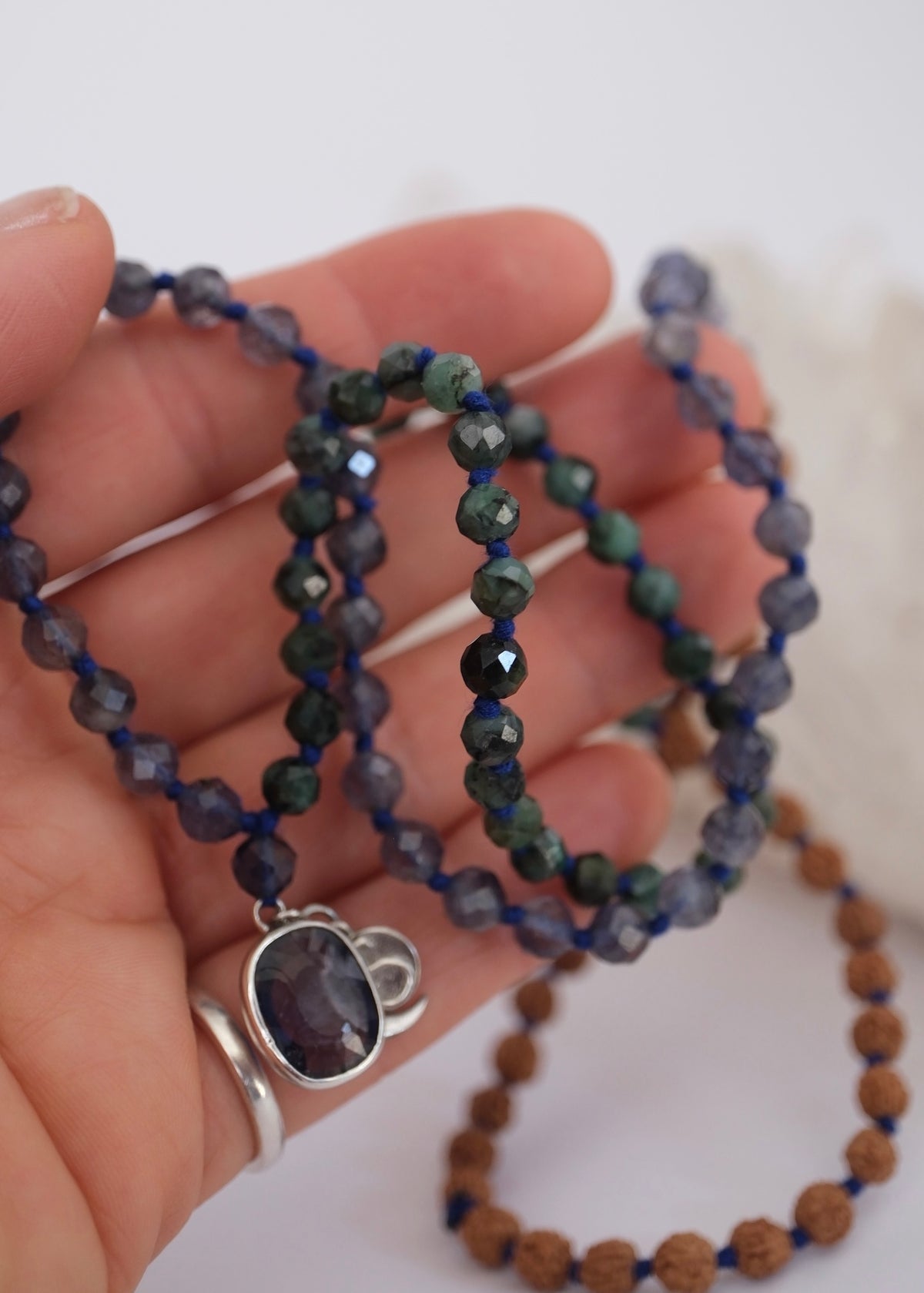 DEVAKA Divine, Celestial Mala | Emerald, Iolite & Rudraksha