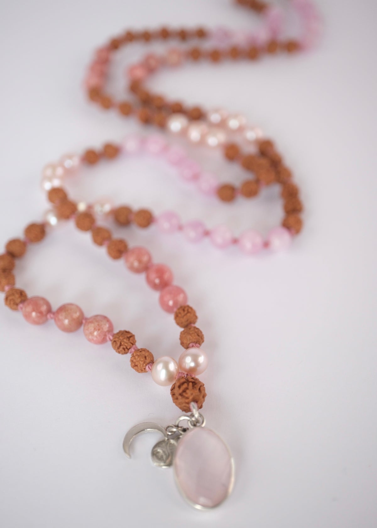 PARVATI ‘The Divine Feminine Mala’ | Pink Pearl, Kunzite, Thulite, Rose Quartz, Rudraksha