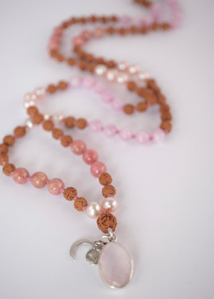 PARVATI ‘The Divine Feminine Mala’ | Pink Pearl, Kunzite, Thulite, Rose Quartz, Rudraksha