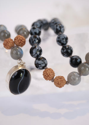 BABA Revered Mala | Labradorite, snow flake Jasper, Onyx & Rudraksha