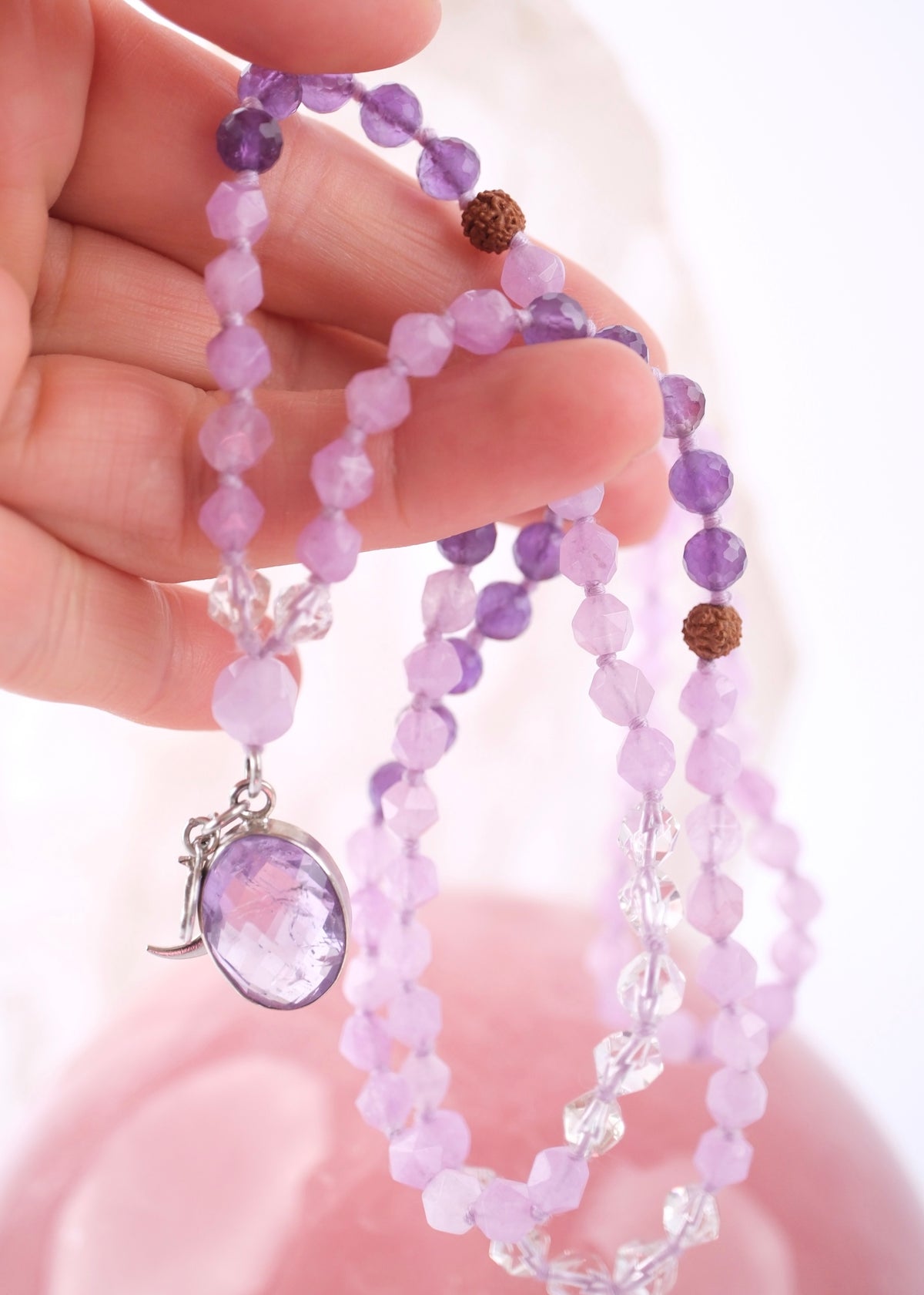 LALITA 'Goddess of Light' Mala | Rare Lavender Amethyst with Herkimer & Rudraksha