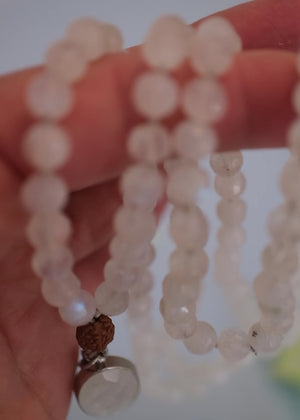 Moonstone Mala Necklace with 108 moonstone beads and faceted moonstone pendant